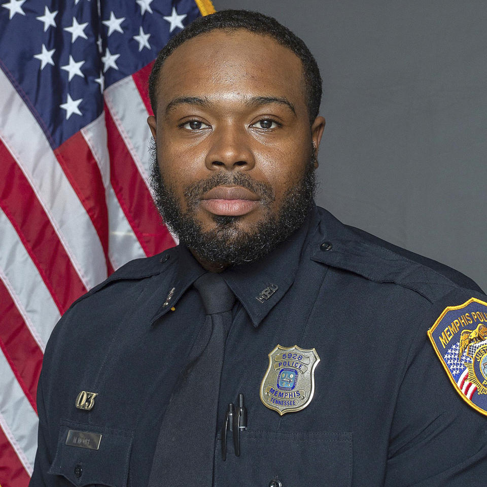 This image provided by the Memphis Police Department shows officer Demetrius Haley. Memphis is city on edge ahead of the possible release of video footage of a Black man’s violent arrest that has led to three separate law enforcement investigations and the firings of five police officers after he died in a hospital. Relatives of Tyre Nichols are scheduled to meet with city officials Monday, Jan. 23, 2023 to view video footage of his Jan. 7 arrest. (Memphis Police Department via AP) (Memphis Police Department via AP)