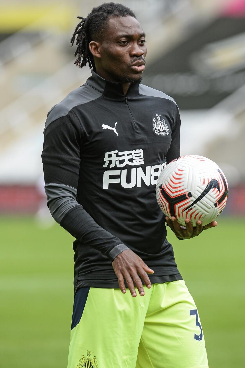 Christian Atsu of Newcastle United FC (30) holds a ball in his hand during the Pre Season Friendly between Newcastle United and Stoke City at St James' Park on September 05, 2020 in Newcastle upon Tyne, England.