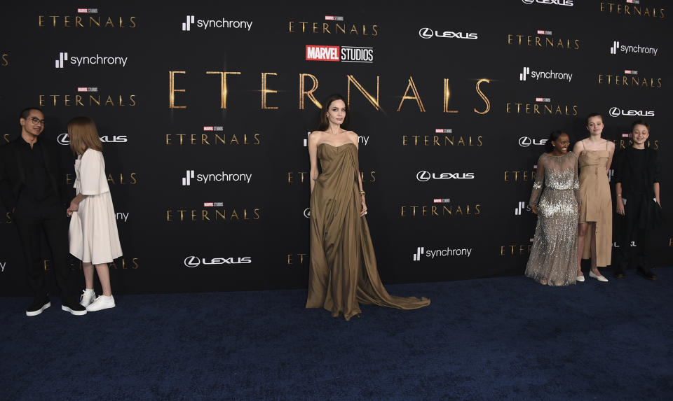 (l to r) Maddox Jolie-Pitt, Vivienne Jolie-Pitt, Angelina Jolie, Knox Jolie-Pitt, Shiloh Jolie-Pitt, and Zahara Jolie-Pitt arrive at the premiere of Eternals (Jordan Strauss/Invision/AP/PA)