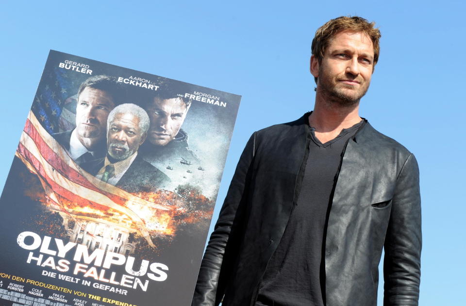 British actor Gerard Butler poses for the camera at a photocall for his new film 'Olympus Has Fallen' in Munich, Germany