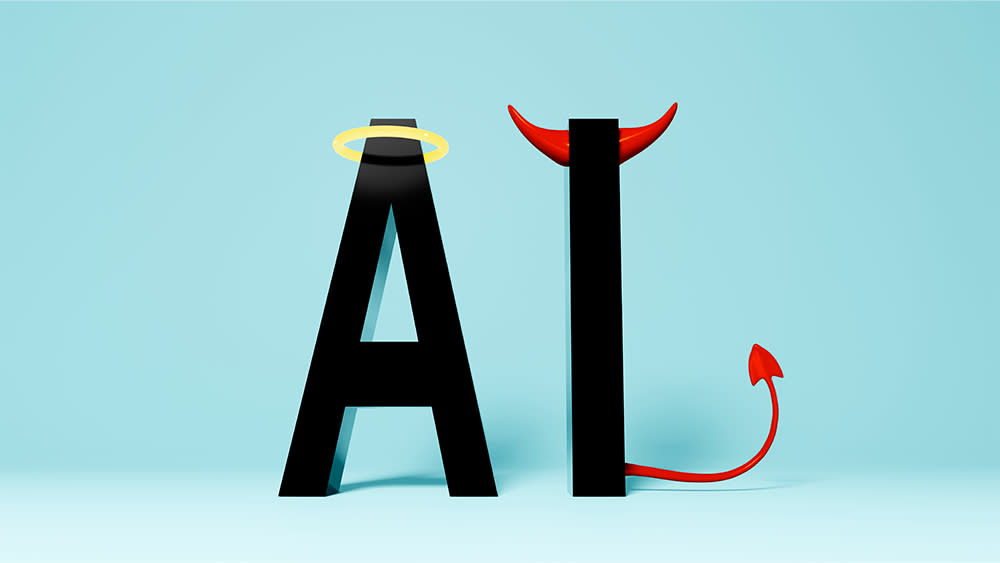  AI written in 3D letters with a halo and a devil's tail. 