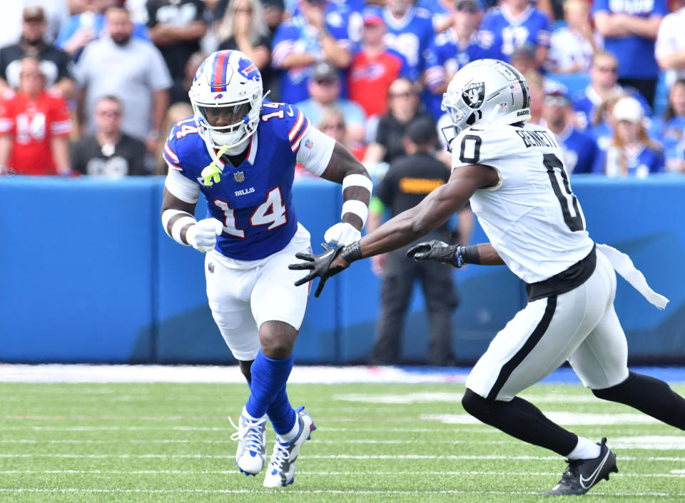 Buffalo Bills wide receiver Stefon Diggs (14) runs a pass route as <a class="link " href="https://sports.yahoo.com/nfl/teams/las-vegas/" data-i13n="sec:content-canvas;subsec:anchor_text;elm:context_link" data-ylk="slk:Las Vegas Raiders;sec:content-canvas;subsec:anchor_text;elm:context_link;itc:0">Las Vegas Raiders</a> cornerback <a class="link " href="https://sports.yahoo.com/nfl/players/40148" data-i13n="sec:content-canvas;subsec:anchor_text;elm:context_link" data-ylk="slk:Jakorian Bennett;sec:content-canvas;subsec:anchor_text;elm:context_link;itc:0">Jakorian Bennett</a> (0). Mandatory Credit: Mark Konezny-USA TODAY Sports