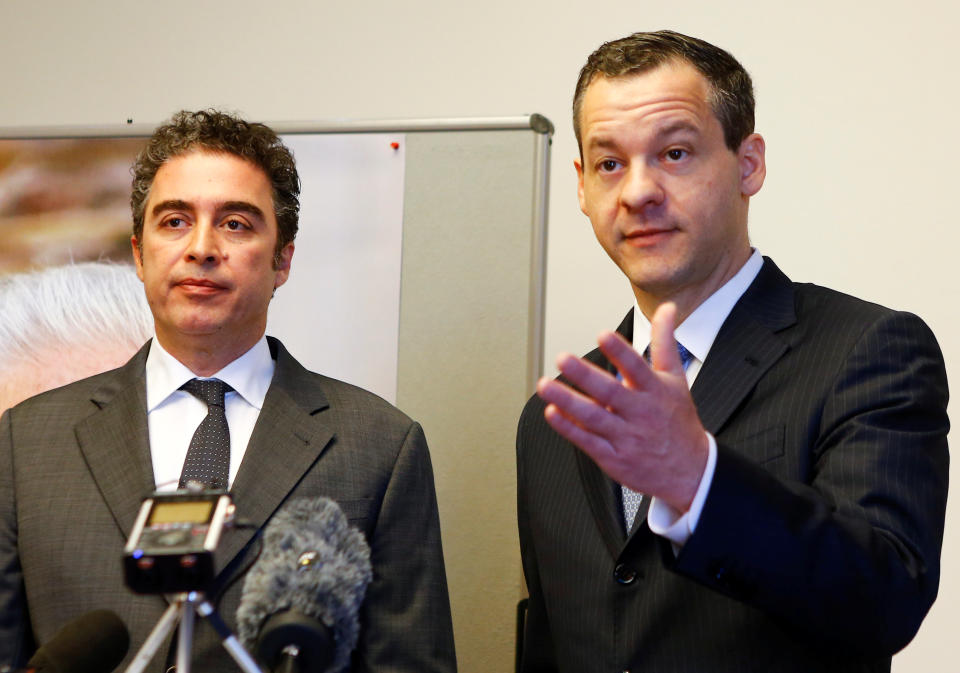 Lawyer Jared Genser and Babak Namazi, the brother and son of two prisoners in Iran, who hold both U.S. American and Iranian citizenship and who have been sentenced to lengthy prison terms in Iran, address the media in Vienna, Austria, April 25, 2017. REUTERS/Leonhard Foeger