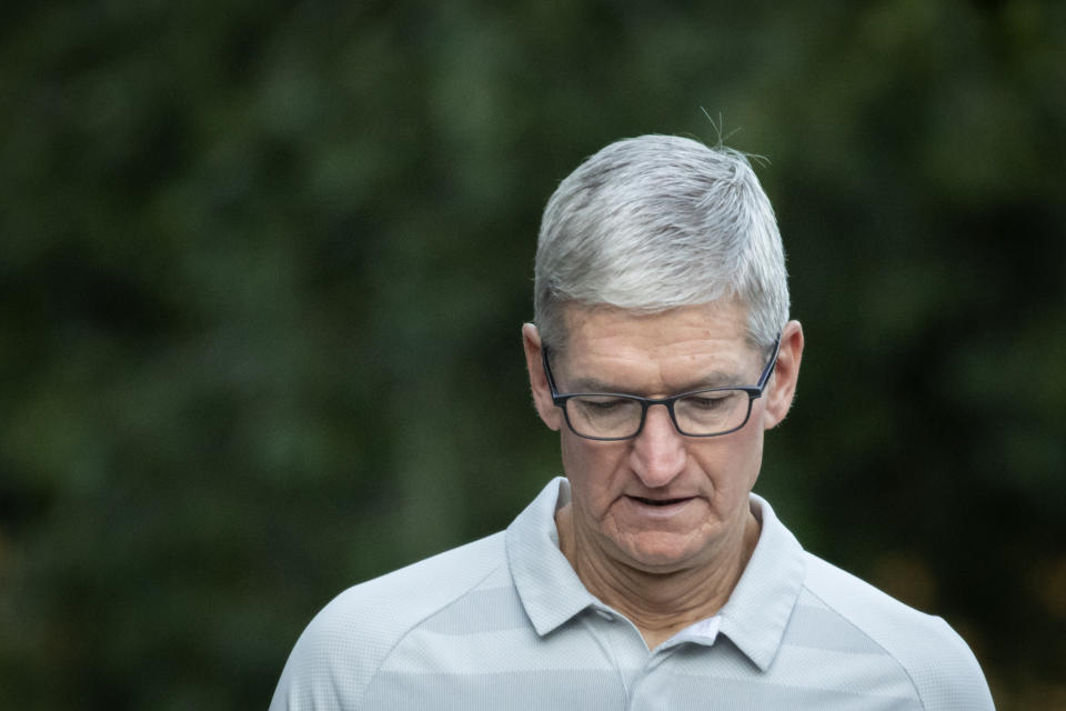 SUN VALLEY, ID - JULY 12: Tim Cook, chief executive officer of Apple, attends the annual Allen & Company Sun Valley Conference, July 12, 2019 in Sun Valley, Idaho. Every July, some of the world's most wealthy and powerful businesspeople from the media, finance, and technology spheres converge at the Sun Valley Resort for the exclusive weeklong conference. (Photo by Drew Angerer/Getty Images)