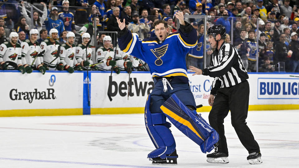 Jordan Binnington played all the hits on Wednesday night. (Photo via USA TODAY Sports)