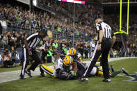 SEATTLE, WA - SEPTEMBER 24: Wide receiver Golden Tate #81 of the Seattle Seahawks makes a catch in the end zone to defeat the Green Bay Packers on a controversial call by the officials at CenturyLink Field on September 24, 2012 in Seattle, Washington. (Photo by Otto Greule Jr/Getty Images)