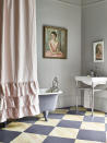 <p> Combining soft accents like the heavy draped shower curtains with soft gray and pink will make for a romantic bathroom look. Add more personality to help the space feel unique and you'll fall in love with the overall finish.  </p> <p> Painting floorboards in a bathroom is not only an easy DIY project but it's also super effective. </p>