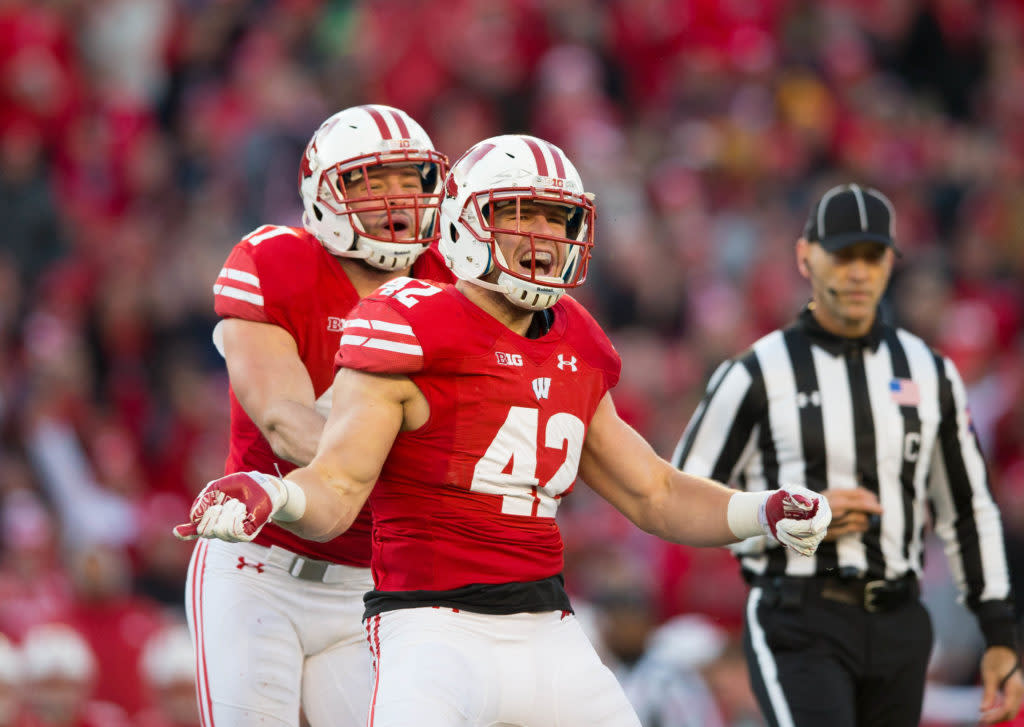 Nov 26, 2016; Madison, WI, USA; Wisconsin Badgers linebacker T.J. Watt (42) during the game against the Minnesota Golden Gophers at Camp Randall Stadium. Wisconsin won 31-17. Mandatory Credit: Jeff Hanisch-USA TODAY Sports