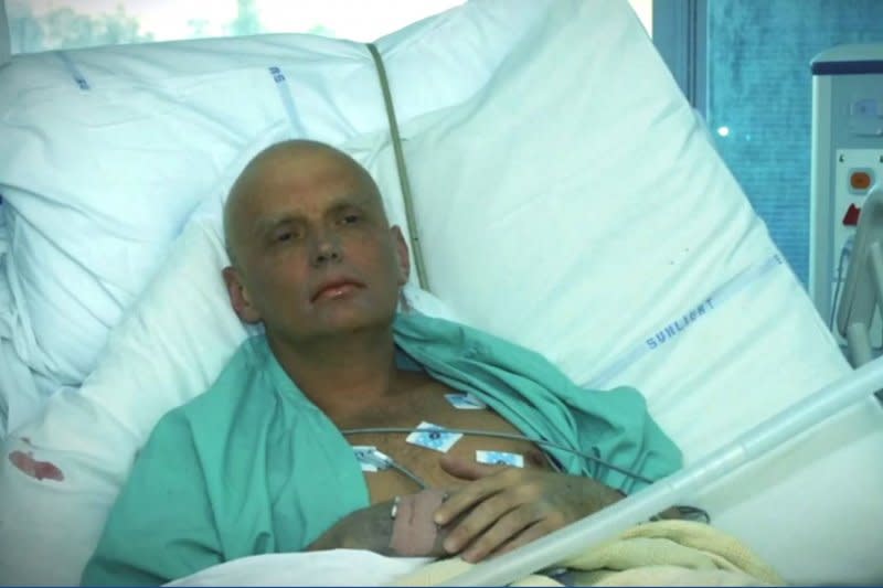 <cite>病榻上的利特維年科（Alexander Litvinenko）（取自YouTube）</cite>