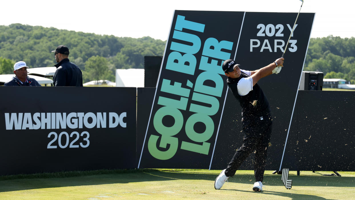  Patrick Reed takes a shot during the pro-am ahead of the 2023 LIV Golf DC tournament 