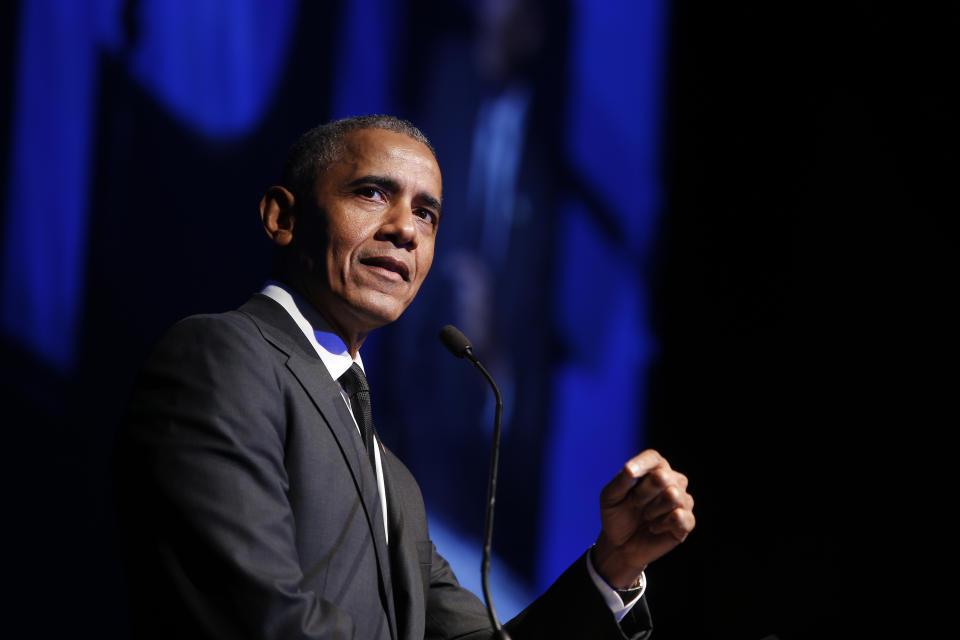 FILE - In this Dec. 12, 2018, file photo former President Barack Obama accepts the Robert F. Kennedy Human Rights Ripple of Hope Award at a ceremony in New York. On Saturday, May 16, 2020, Obama plans to speak during “Show Me Your Walk, HBCU Edition,” a two-hour livestreaming event for historically black colleges and universities broadcast on YouTube, Facebook and Twitter. (AP Photo/Jason DeCrow, File)