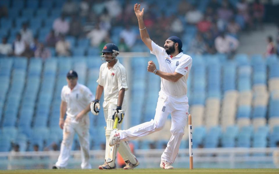 Monty Panesar of England bowls during day two of the tour match between Mumbai A and England at The Dr D.Y. Palit Sports Stadium on November 4, 2012 in Mumbai, Indi - Gareth Copley/Getty Images