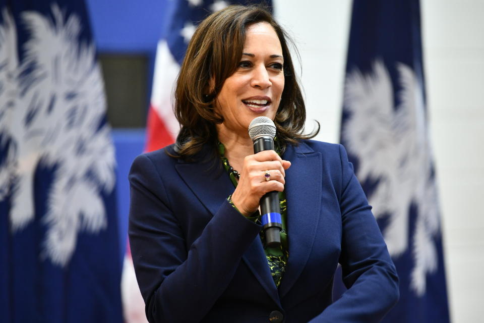 In this Friday, March 8, 2019, photo, U.S. Sen. Kamala Harris, D-California, speaks at a town hall gathering in Hemingway, S.C. On Thursday, March 28, 2019, Harris announced a slate of backers for her presidential campaign in this early-voting state, including three state lawmakers. (AP Photo/Meg Kinnard)