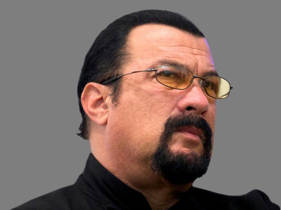Steven Seagal headshot, actor, graphic element on gray