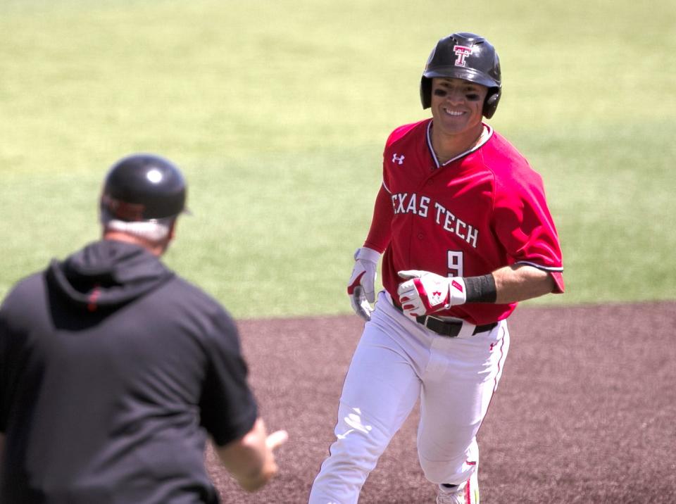 Texas Tech's Zac Vooletich (9) rounds the bases on his first home run of the season, a two-run blast in the Red Raiders' 8-5 victory Saturday against North Dakota State. The game was the first of a doubleheader.