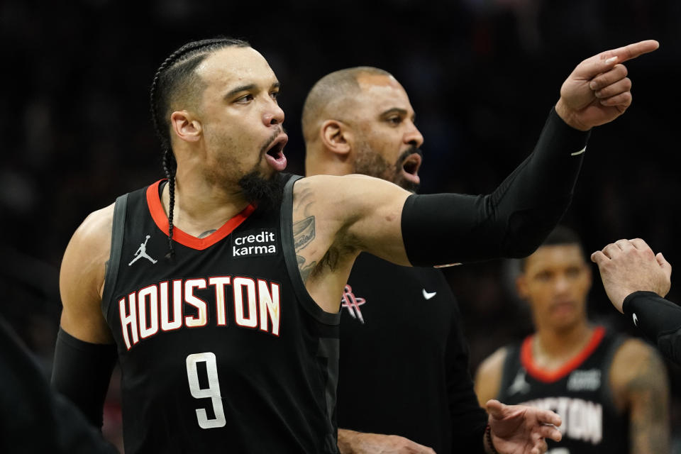 Dillon Brooks, left, and Ime Udoka were not pleased with the officiating Sunday. (AP Photo/Aaron Gash)