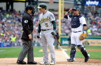 Stephen Drew #5 of the Oakland Athletics argues a called third strike with home plate umpire Mark Wegner #47 in the top of the third inning against the Detroit Tigers during Game Two of the American League Division Series at Comerica Park on October 7, 2012 in Detroit, Michigan. (Photo by Jason Miller/Getty Images)