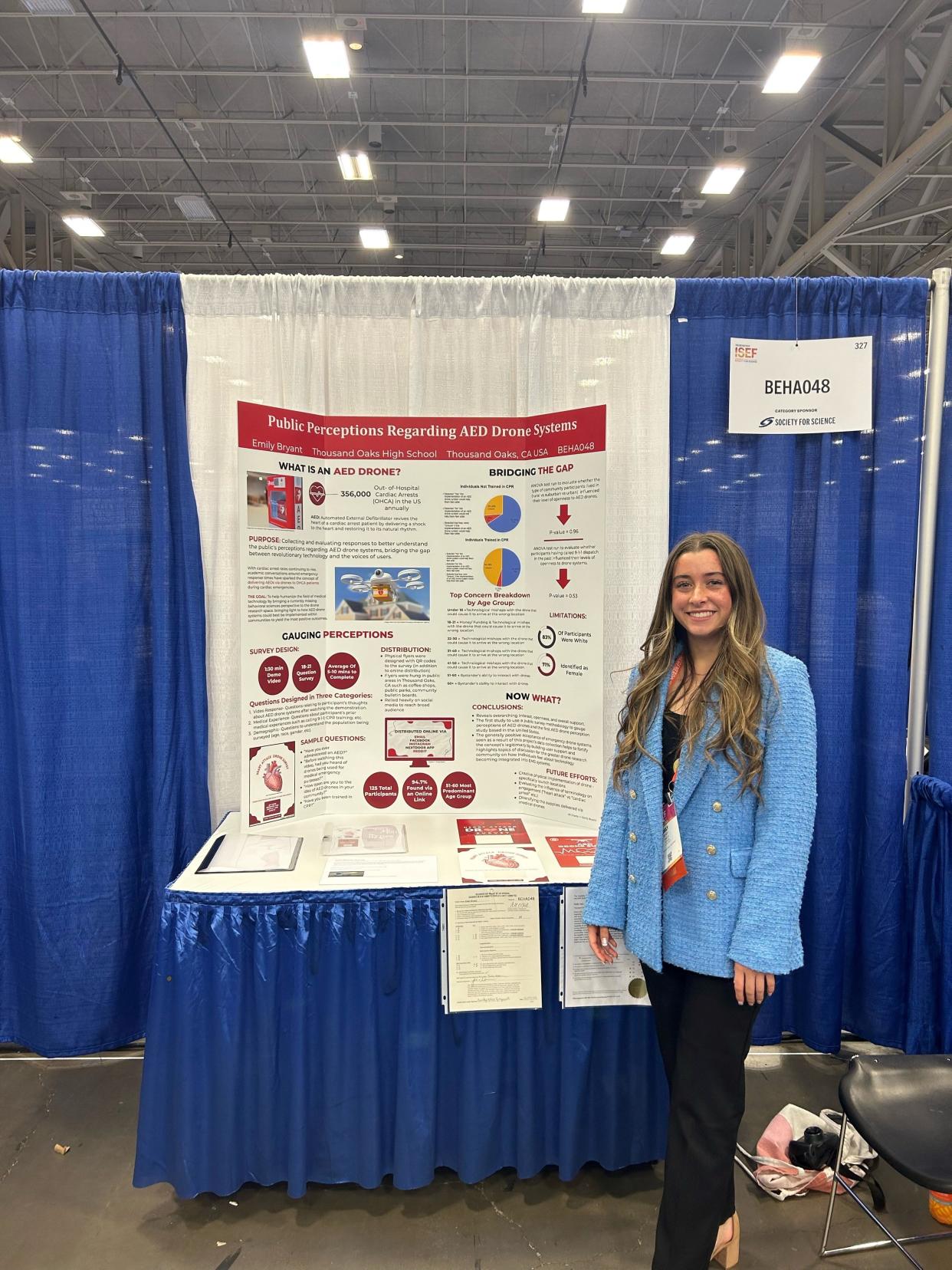 Thousand Oaks High School senior Emily Bryant poses with her science fair project at the Regeneron International Science and Engineering Fair in Houston in mid-May.