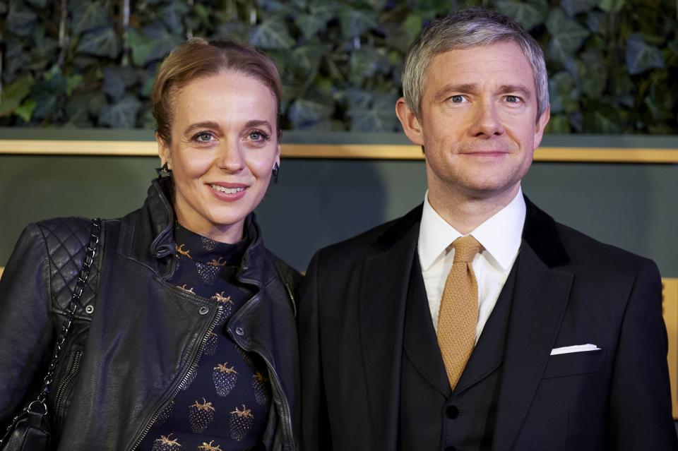 British actress Amanda Abbington (L) and British actor Martin Freeman pose on the red carpet as they arrive to attend the 61st London Evening Standard Theatre Awards at the Old Vic Theatre in London on November 22, 2015. AFP PHOTO / NIKLAS HALLE'N        (Photo credit should read NIKLAS HALLE'N/AFP via Getty Images)