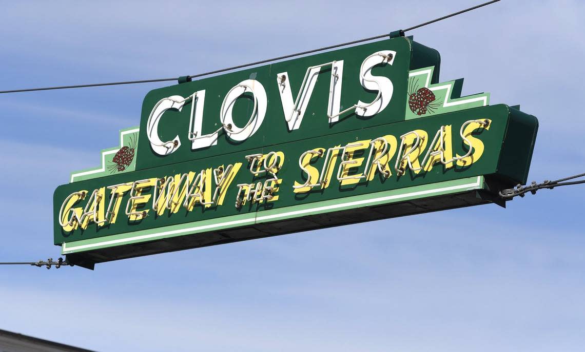 The historic Old Town Clovis sign over Pollasky Avenue.