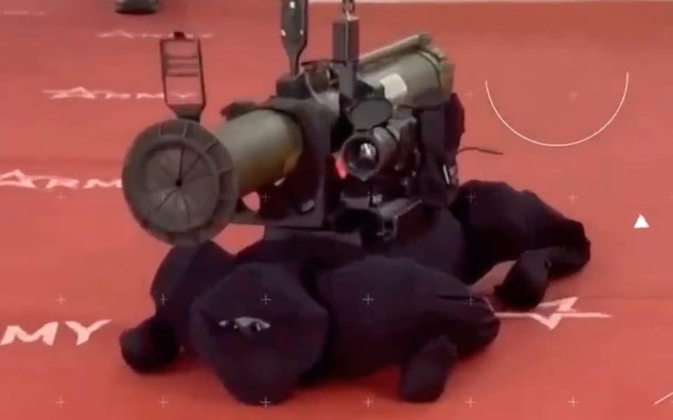 The robotic attack dog is armed with a RPG-26 anti-tank rocket - but it might actually be a commercially-available 'home helper' sold online by Chinese websites