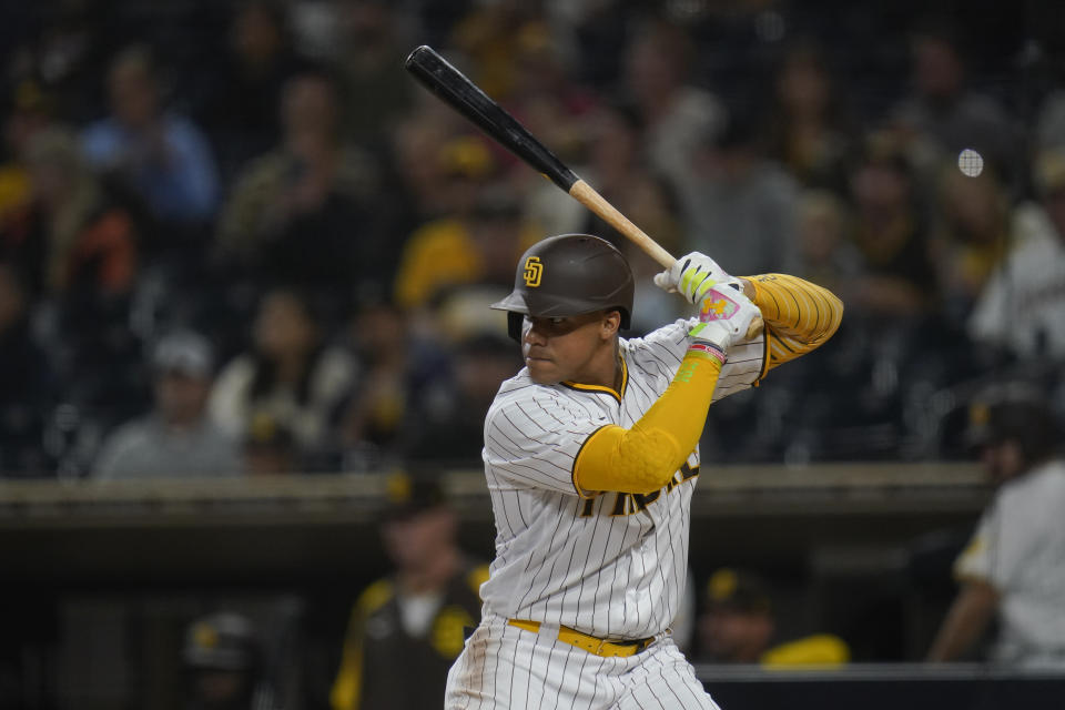 San Diego Padres' Juan Soto batting during the first inning of a baseball game against the San Francisco Giants, Monday, Oct. 3, 2022, in San Diego. (AP Photo/Gregory Bull)