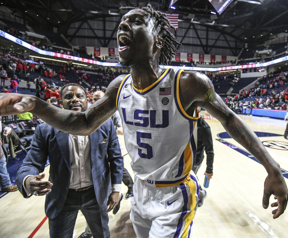 LSU forward Emmitt Williams (5) celebrates a win over Mississippi in an NCAA college basketball game in Oxford, Miss., Saturday, Jan. 18, 2020. (Bruce Newman/The Oxford Eagle via AP)