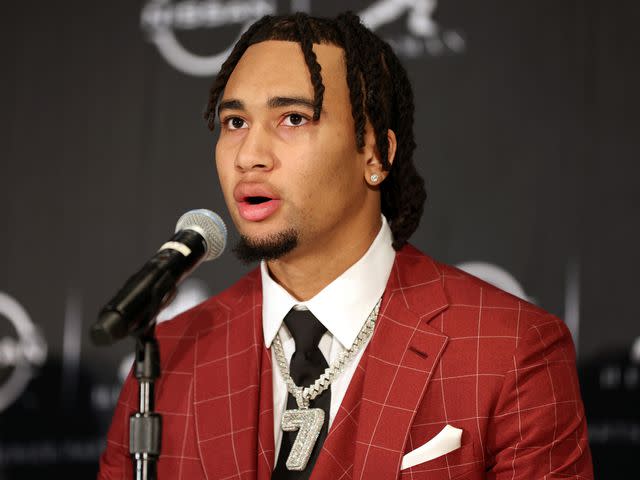 <p>Sarah Stier/Getty </p> C.J. Stroud of the Ohio State Buckeyes speaks to the media during a press conference prior to the 2022 Heisman Trophy Presentation on December 10, 2022 in New York City.