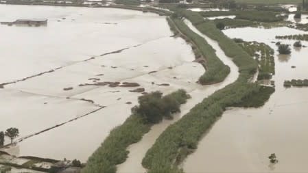 A still image taken from a drone footage shows a flooded area after heavy rainfall in Molina del Segura