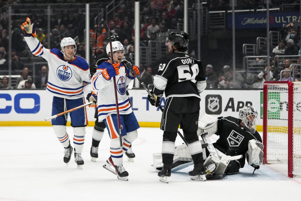 Edmonton Oilers' Kailer Yamamoto (56) celebrates his goal against Los Angeles Kings goaltender Pheonix Copley (29) during the first period of an NHL hockey game Monday, Jan. 9, 2023, in Los Angeles. (AP Photo/Jae C. Hong)