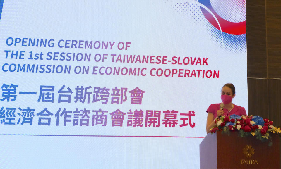 Director general for Economic and Development Cooperation at Slovakia's Ministry of Foreign Affairs Lucia Kiss speaking during the opening ceremony of the 1st session of Taiwanese-Slovak commission on economic cooperation held in Taipei, Taiwan on Monday, Dec. 6, 2021. Senior officials from the Slovak Republic are in Taiwan for talks on deepening ties with the island in the highest-level visit by the EU-member country since it opened a representative office in Taiwan in 2003. (AP Photo/Johnson Lai)