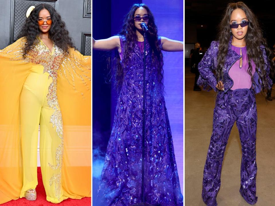 H.E.R. wears three different outfits at the 2022 Grammys.