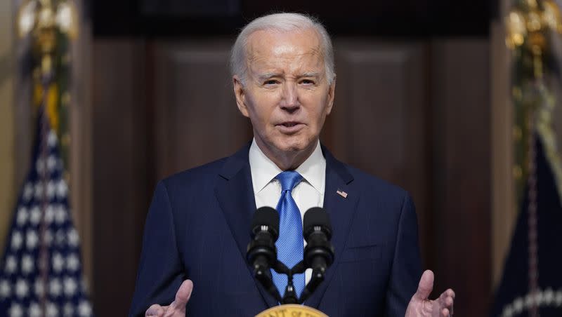 President Joe Biden speaks during a meeting of the National Infrastructure Advisory Council in the Indian Treaty Room on the White House campus on Wednesday, Dec. 13, 2023, in Washington. 