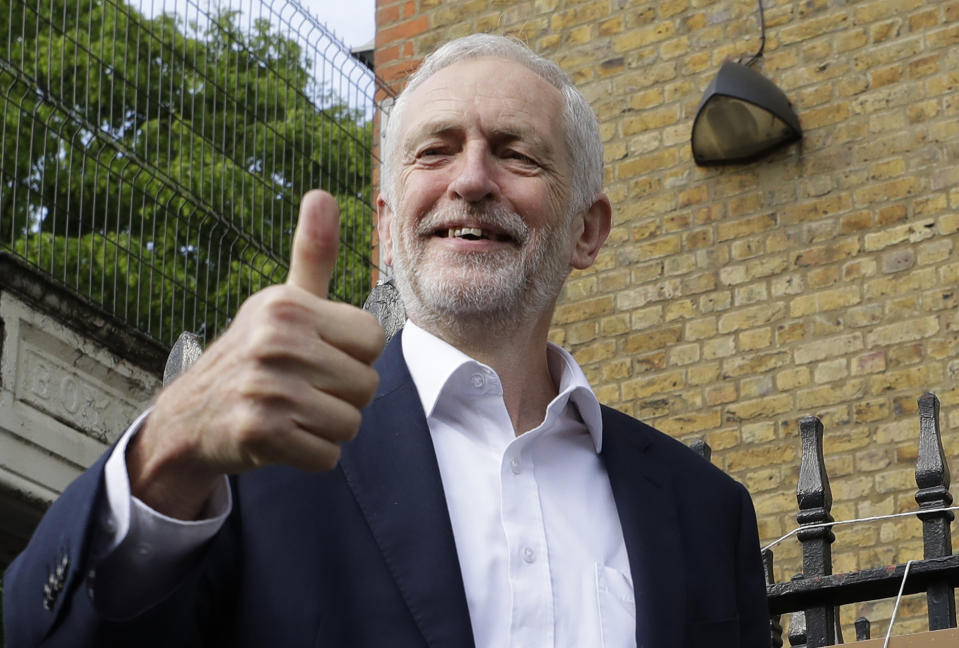 Jeremy Corbyn leader of Britain's opposition Labour Party gives the thumbs up after voting in the European Elections in London, Thursday, May 23, 2019. (AP Photo/Kirsty Wigglesworth)