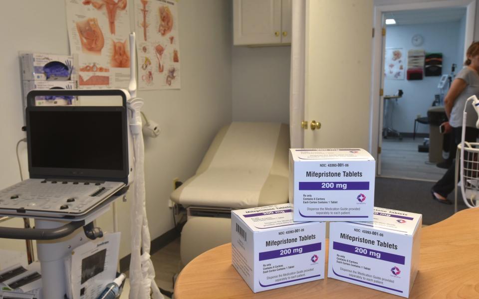 Doses of mifepristone tablets frame one of the exam rooms at the Health Imperatives clinic in Hyannis. The drug is used in a medication abortion. Health Imperatives began offering medication abortions on July 3 in Hyannis, and on Martha's Vineyard and Nantucket, as well as other locations in southeastern Massachusetts.