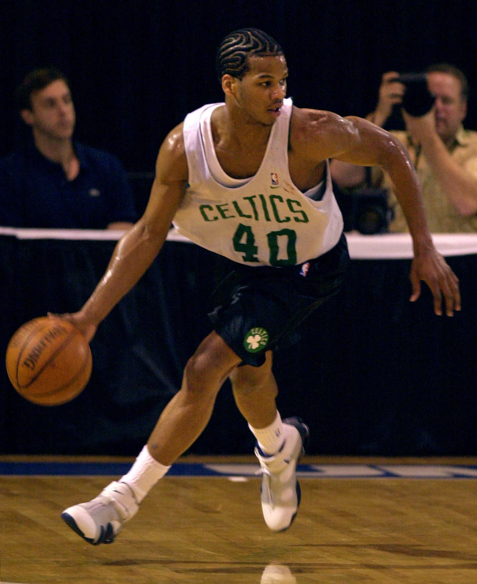 Boston Celtics guard Joseph Forte brings the ball up during an NBA Summer League game against the <a class="link " href="https://sports.yahoo.com/nba/teams/san-antonio/" data-i13n="sec:content-canvas;subsec:anchor_text;elm:context_link" data-ylk="slk:San Antonio Spurs;sec:content-canvas;subsec:anchor_text;elm:context_link;itc:0">San Antonio Spurs</a> in Boston, Friday, July 19, 2002. (AP Photo/Charles Krupa)