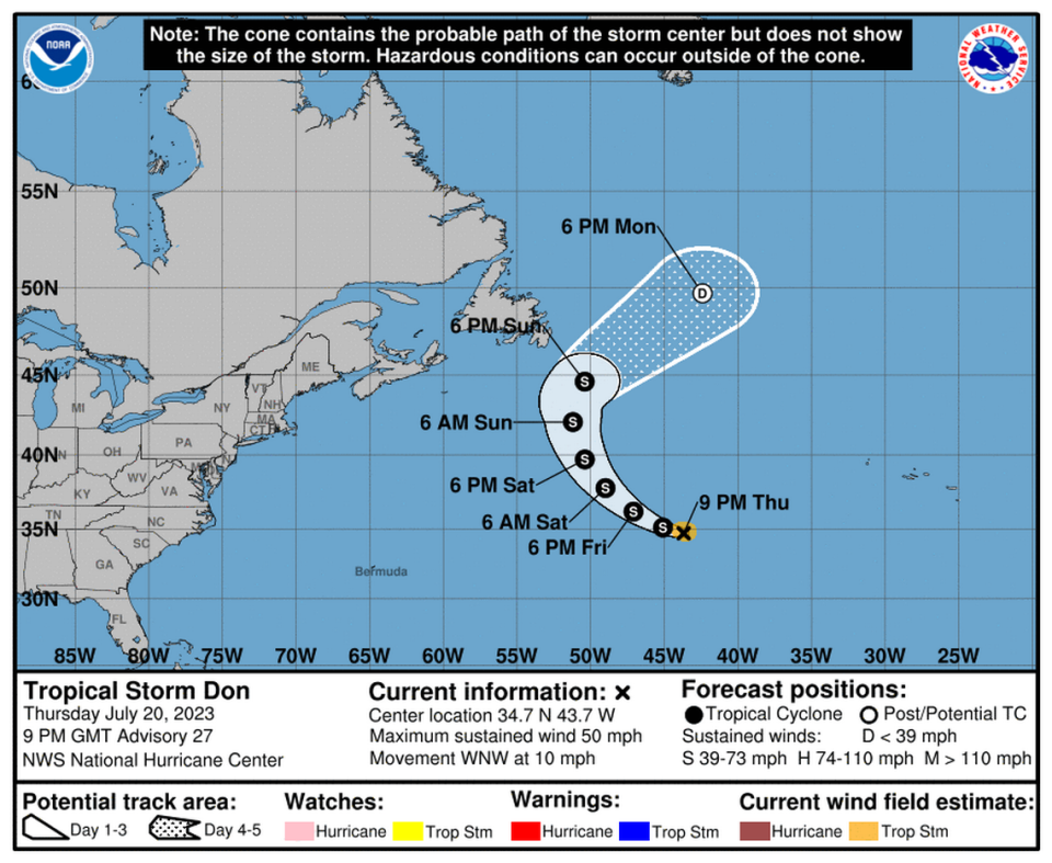 National Hurricane Center’s forecast cone for Tropical Storm Don at 5 p.m. Thursday, July 20, 2023.