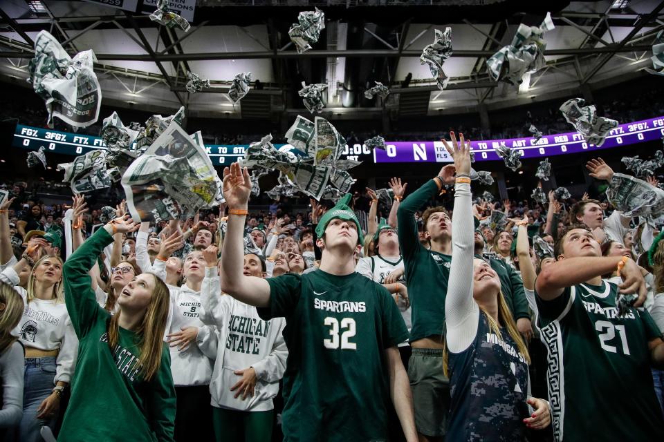 Michigan State student section cheer for the Spartans against Northwestern before the first half at Breslin Center in East Lansing on Wednesday, March 6, 2024.