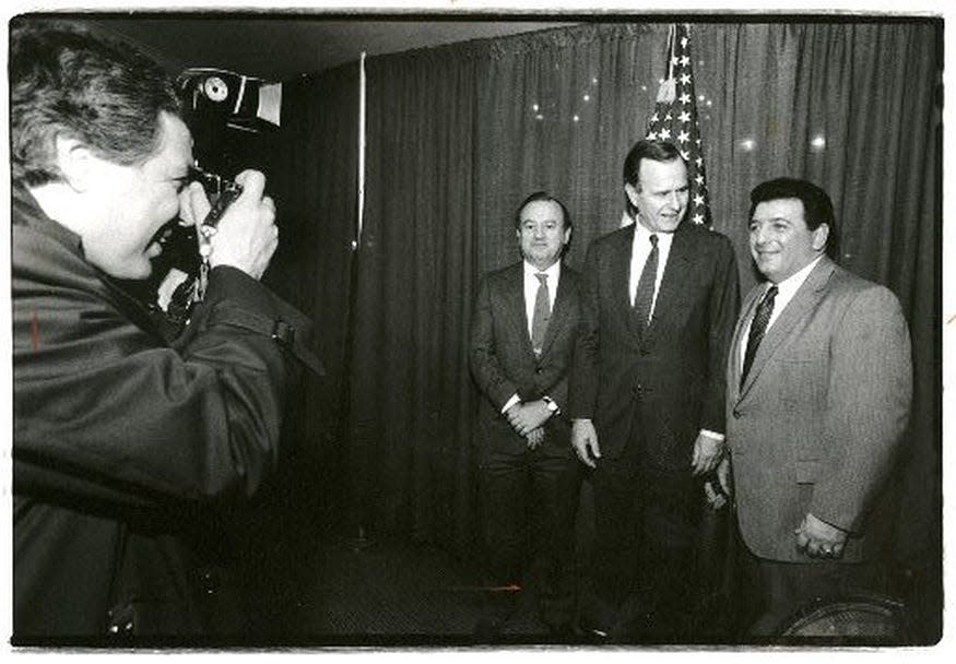 Vice President George H.W. Bush poses with Governor Edward DiPrete and Cranston Mayor Michael Traficante during a visit to Rhode Island in 1988. [The Providence Journal, File / Mary Murphy]