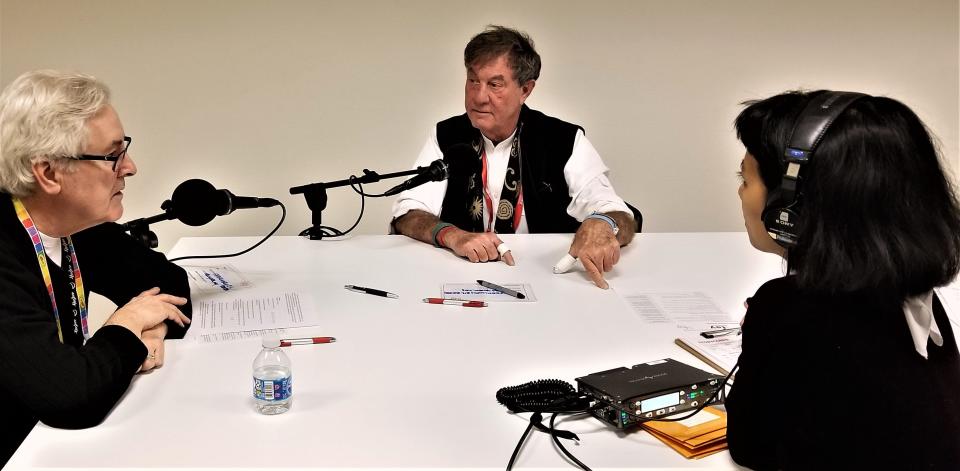 Journal reporter G. Wayne Miller, left, and former Hasbro Inc. chairman and CEO Alan G. Hassenfeld record a Story Corps interview during Toy Fair 2020 in New York City.