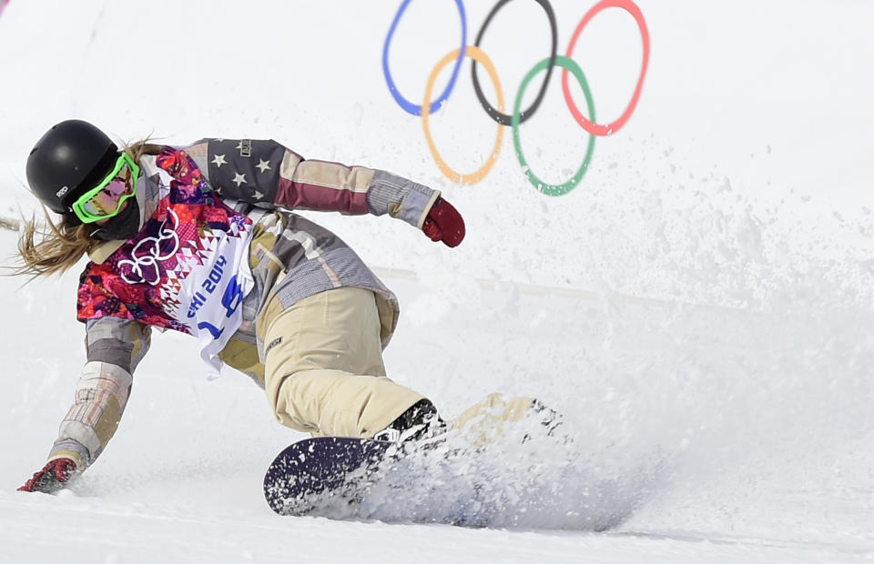 US Jamie Anderson ends her last run to win Gold in the Women's Snowboard Slopestyle Final at the Rosa Khutor Extreme Park during the Sochi Winter Olympics on February 9, 2014.