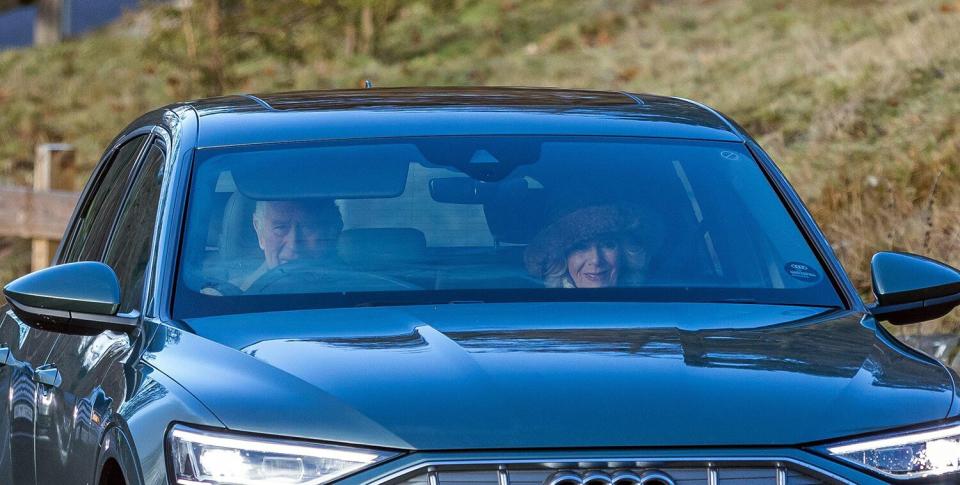 King Charles III and the Queen Consort arrive at Crathie Kirk, near Balmoral, to attend a Sunday church service