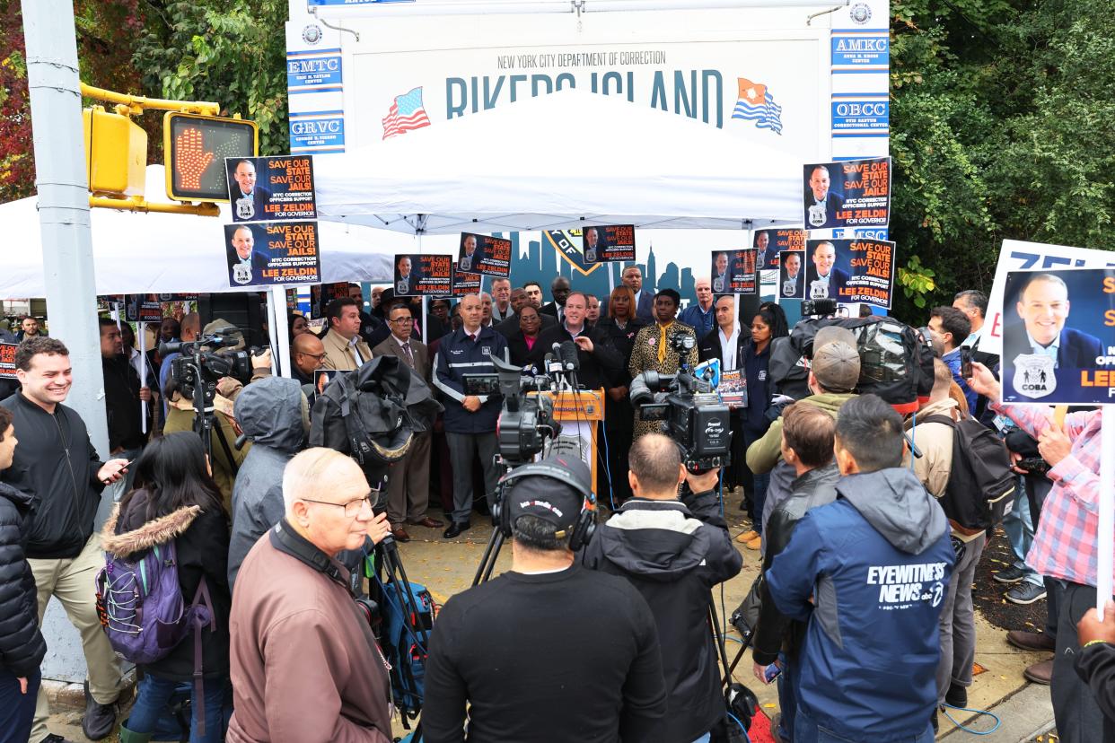 New York Republican gubernatorial nominee Rep. Lee Zeldin (R-NY) speaks during a press conference at the entrance to the Rikers Island jail on October 24, 2022 in New York City. 