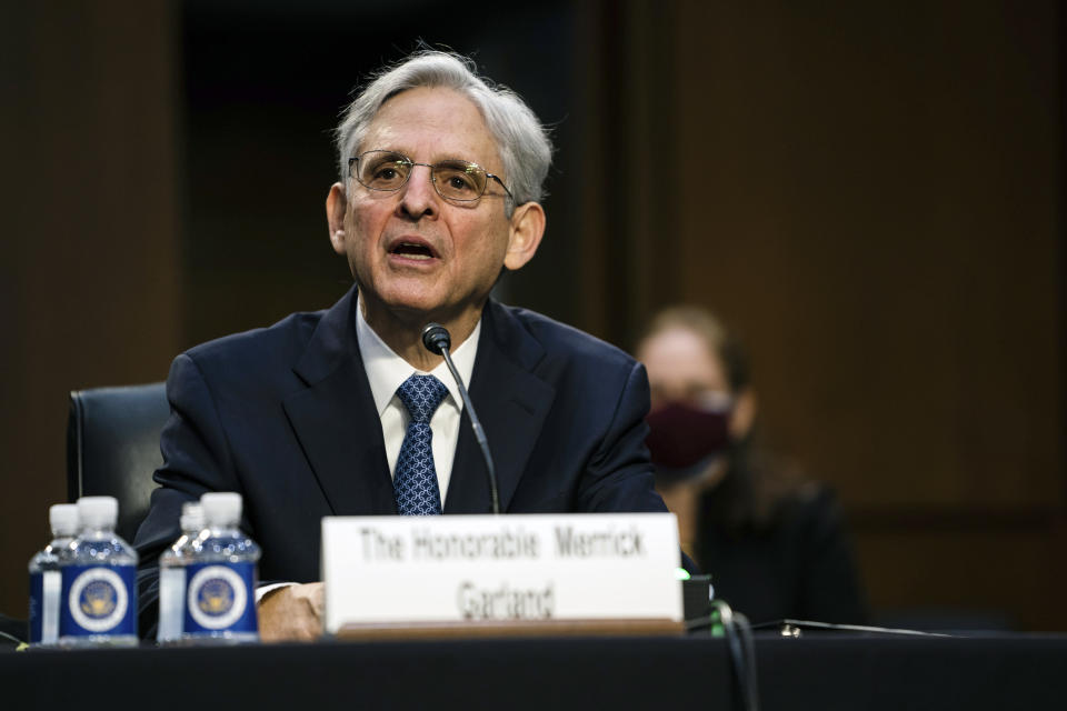 Judge Merrick Garland, nominee to be Attorney General, testifies at his confirmation hearing before the Senate Judiciary Committee, Monday, Feb. 22, 2021 on Capitol Hill in Washington. (Demetrius Freeman/The Washington Post via AP, Pool)