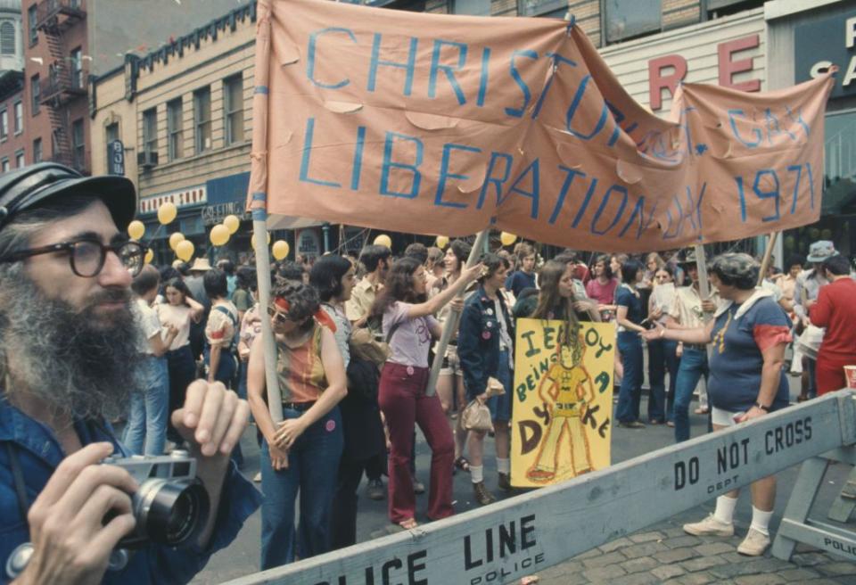 <p>Exactly two years after the Stonewall Rebellion, a Christopher Street Gay Liberation Day parade marches down New York City in 1971.<br></p>