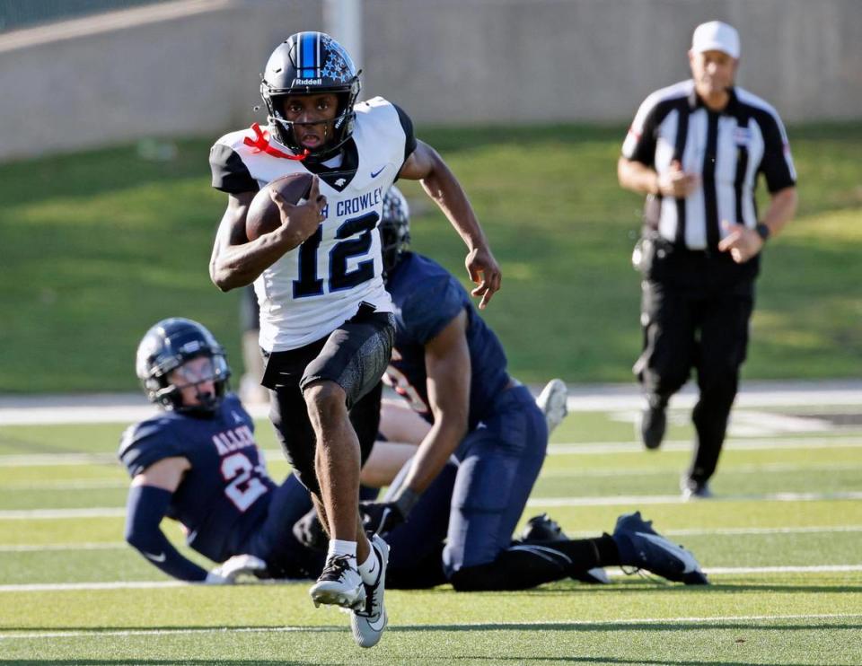 Chris Jimerson (12), quarterback of North Crowley and 2023 Fort Worth area player of the year, gets a lead.