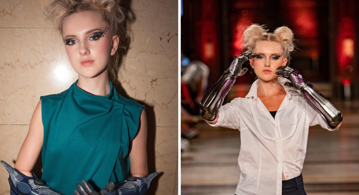 Model removes 3D bionic arm on a catwalk at London Fashion Week