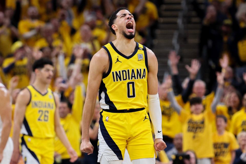 INDIANAPOLIS, INDIANA - MAY 10: Tyrese Haliburton #0 of the Indiana Pacers reacts after his made three-point basket against the New York Knicks during the second quarter in Game Three of the Eastern Conference Second Round Playoffs at Gainbridge Fieldhouse on May 10, 2024 in Indianapolis, Indiana. NOTE TO USER: User expressly acknowledges and agrees that, by downloading and or using this photograph, User is consenting to the terms and conditions of the Getty Images License Agreement. (Photo by Andy Lyons/Getty Images)