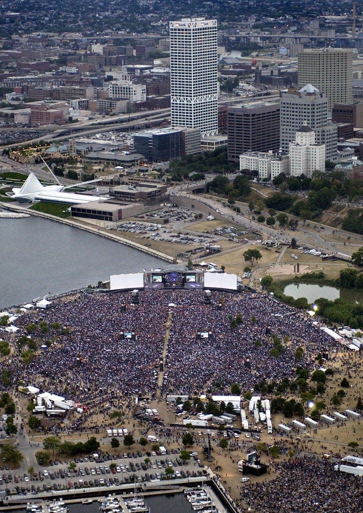 An estimated 150,000 people flocked to Veterans Park on Aug. 31, 2003, for the grand finale of Harley-Davidson's 100th anniversary week, but the crowd thinned out considerably when surprise headliner Elton John took the stage.