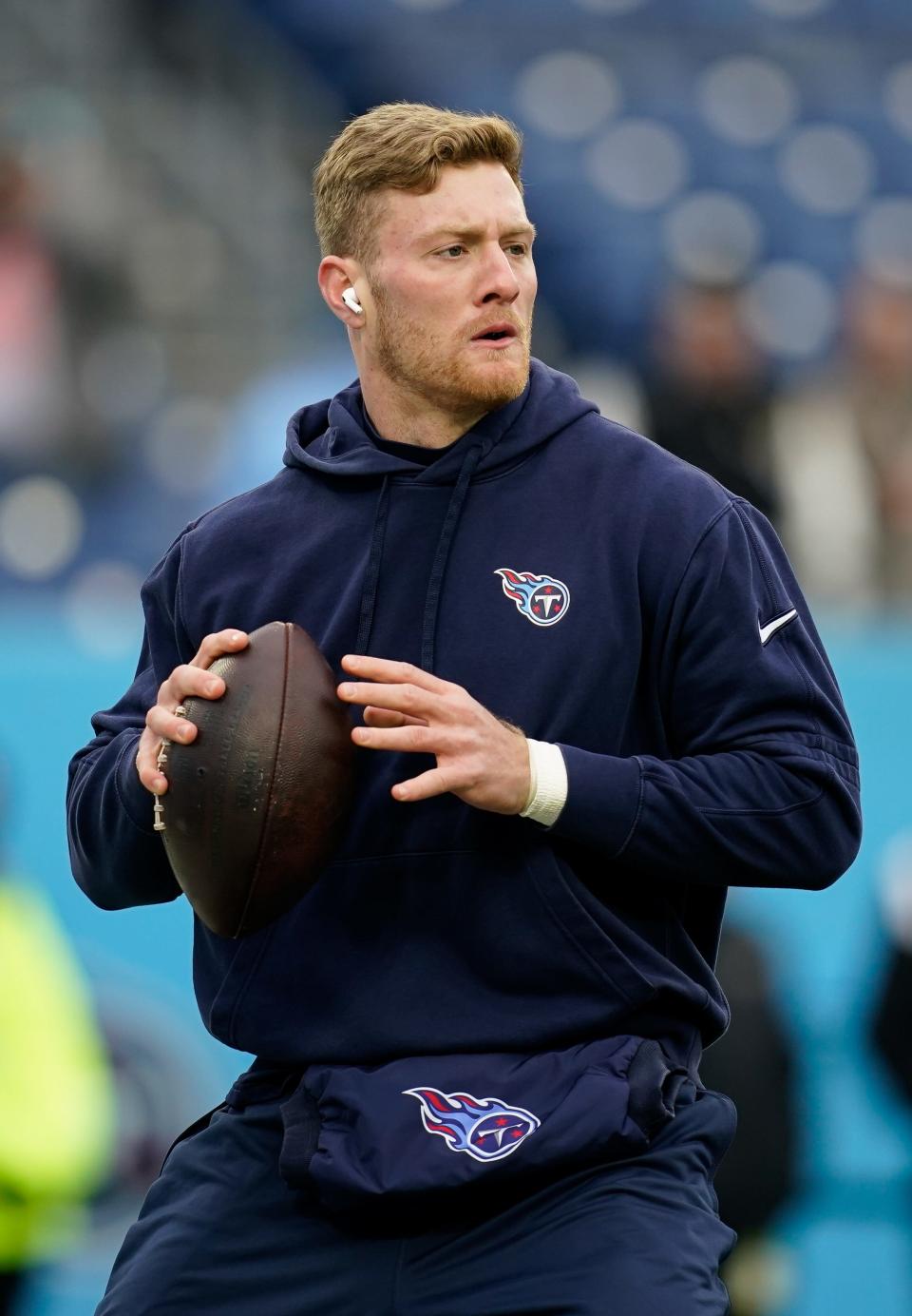 Tennessee Titans quarterback Will Levis warms up before a game against the Jacksonville Jaguars at Nissan Stadium in Nashville, Tenn., Sunday, Jan. 7, 2024.